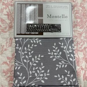 Montello Gray and White Shower Curtain Set with roller hooks